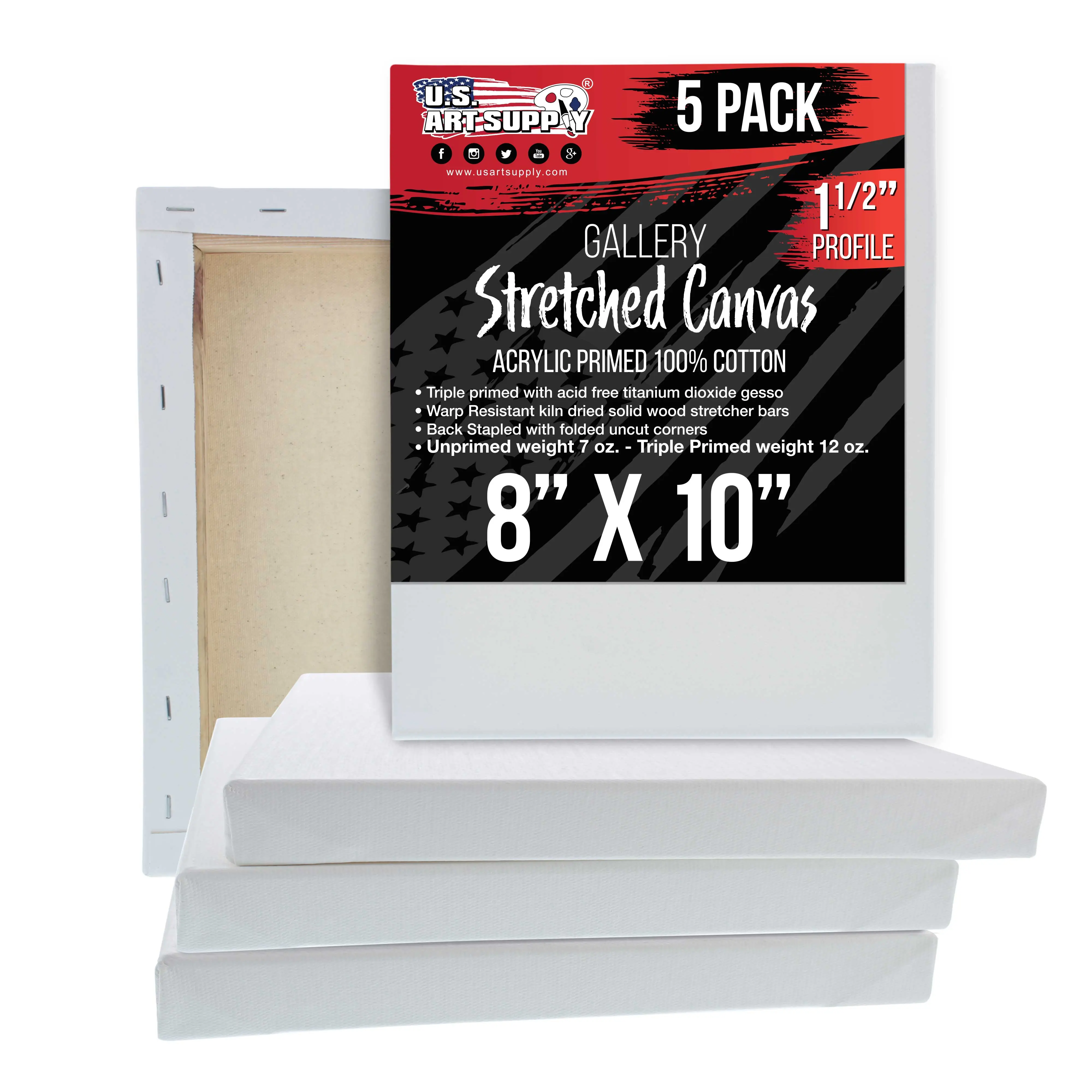 Medium Stretched Canvas for Painting 8x10 inch Gallery Depth 1-1/2" Thick, 5-Pack - 12oz Acrylic Gesso Triple Primed, Professional Artist Quality, 100% Cotton - Oil, Pouring Paint