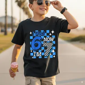 Blue Checkered I was 6 Now I'm 7 Birthday Boy Bday T-Shirt, 7th Birthday 6-7 Meme Apparels, Birthday Shirt For Son, Soft & Comfortatble Cotton Tee