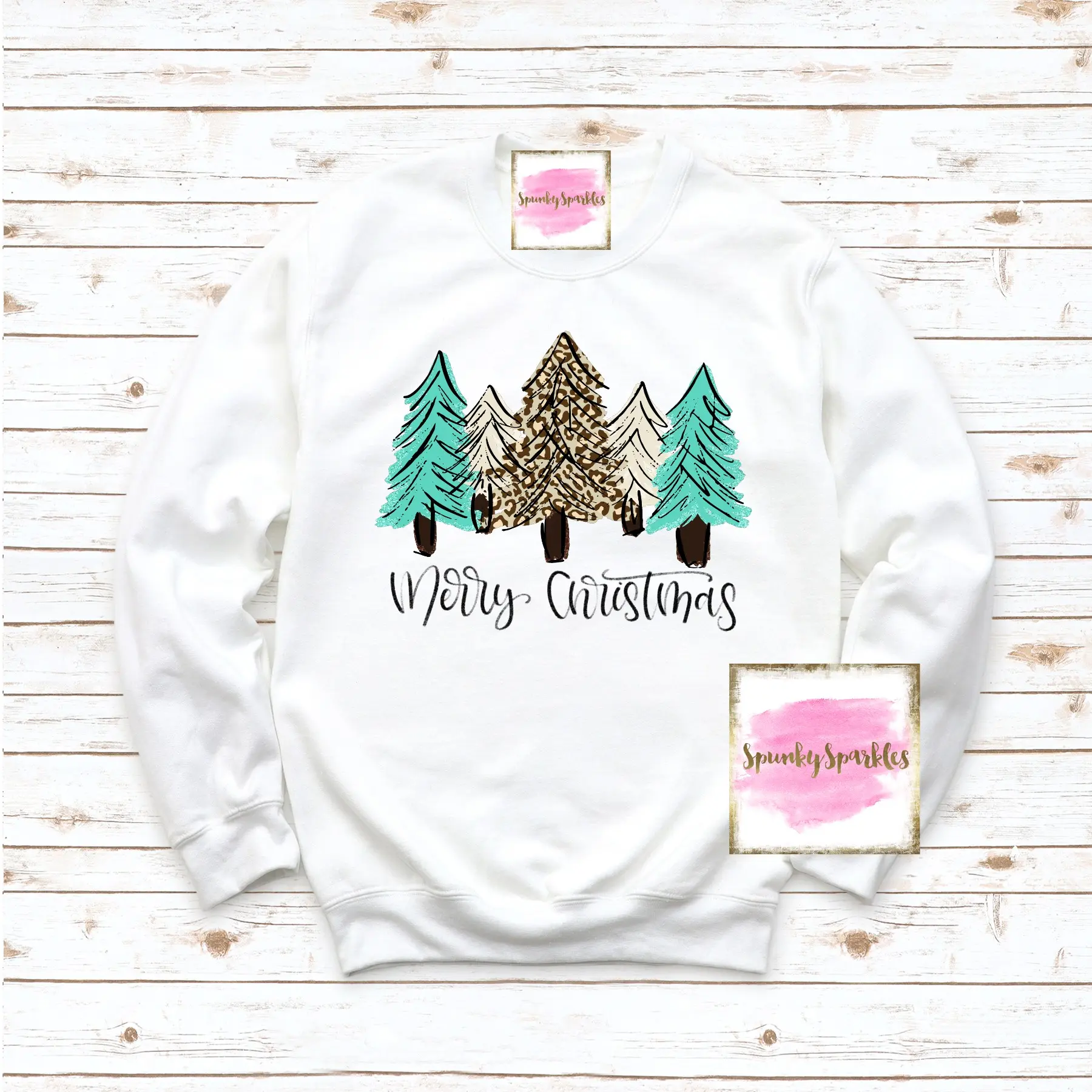 Merry Christmas Leopard and Turquoise Trees Sweater