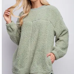 Easel Sage Green Sherpa Teddy Fleece Pullover - Women's Hoodie, Soft Fleece Material, Long Sleeves, Versatile Style for Casual Wear - Womenswear. Oversized fit. Small medium large. Soft, pockets, comfy