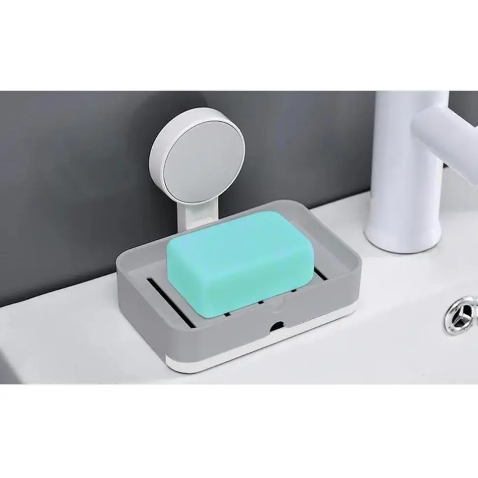 Grey ABS Wall-Mount Soap Dish - 2-Layer Rectangle, No-Drilling Adhesive Tape Installation, Self-Draining Removable Tray, Waterproof Acrylic Holder, 11lbs Capacity for Bathroom & Kitchen Sink, Durable