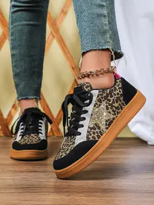 New Patchwork Leopard Women's Casual Shoes, Breathable Comfort Low Top Skateboard Sneakers, Ideal for Parties, Beach, Camping, Dating