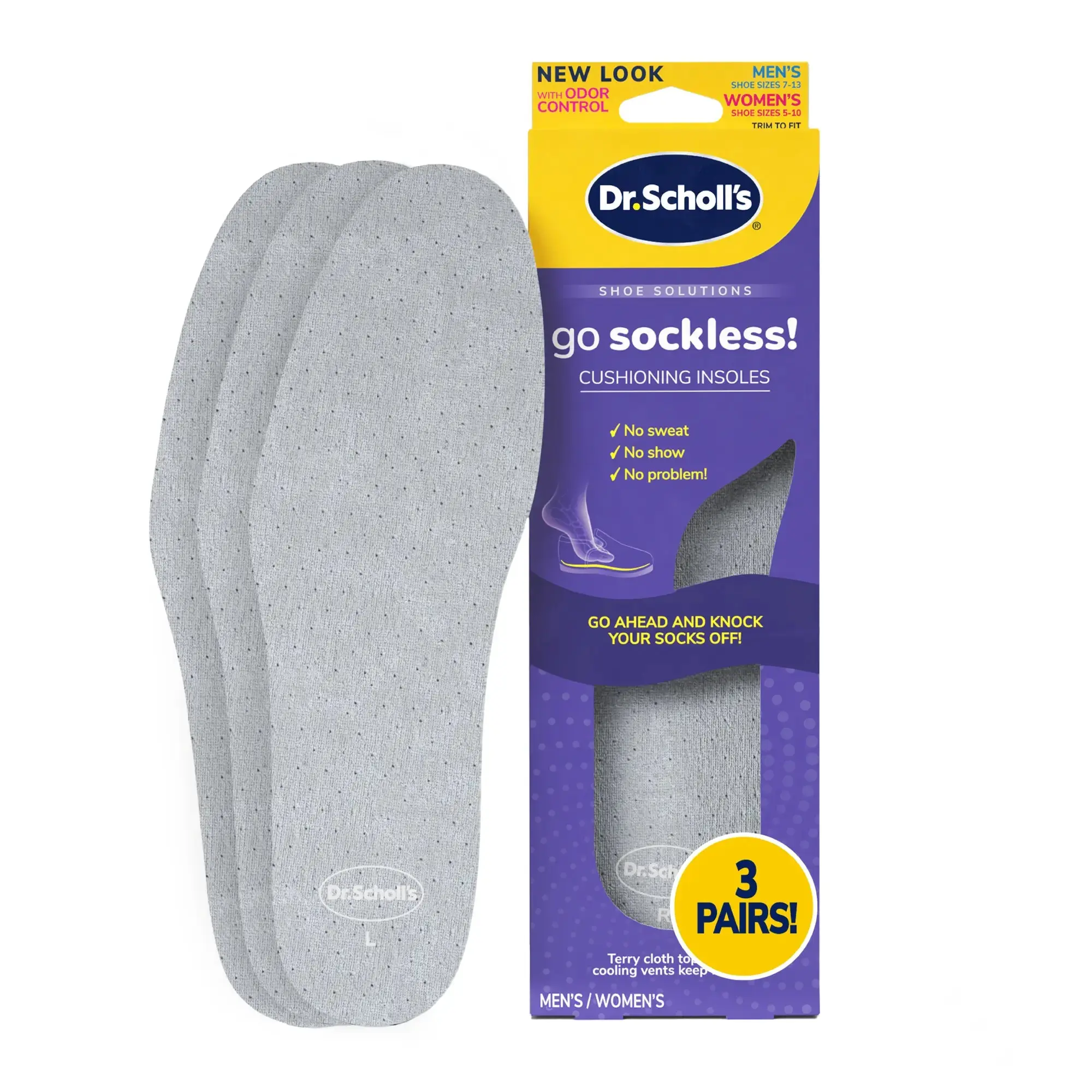 Dr Scholl’s Go Sockless! Cushioning Insoles for Women Men Unisex, 3 Pairs, Trim to Fit - Absorbs Moisture to Keep Feet Dry, Shoe Inserts for Women Men