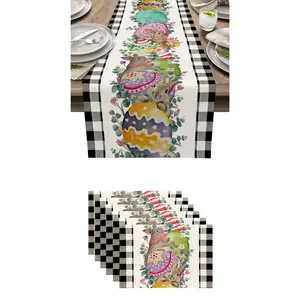 7pcs,Easter Bunny Table Runner Set, Linen Easter Egg Decorative Table Runners, Indoor Outdoor Family Banquet Dining Scarf, 7 Piece Set