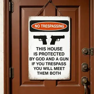 8×12 Inch No Trespassing Vintage Metal Tin Sign, This House Protected By God And A Gun Warning Plaque, Rustic Security Wall Decor for Yard Garage Porch, Patriotic Man Cave Gift