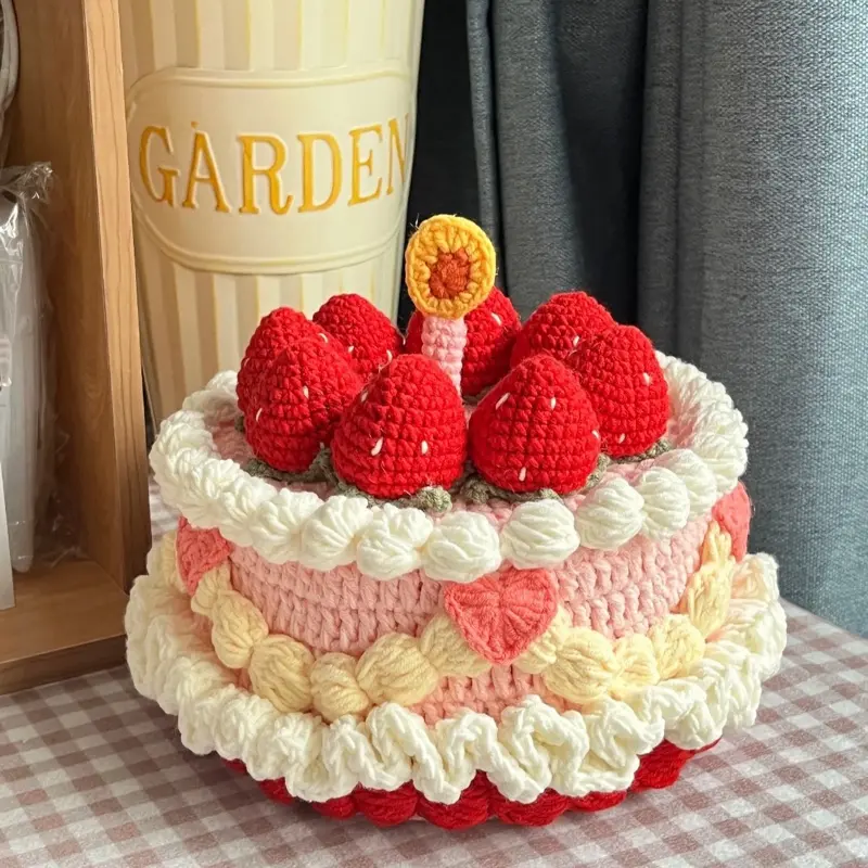 DIY Crochet Strawberry Cake Storage Box Kit – Cute Handmade Yarn Craft Gift Set