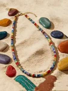 1pc Colorful Natural Stone Beaded Choker Necklace, Bohemian Cylinder Bead Strand Necklace, Gold Plated Adjustable Chain, Casual Daily & Beach Vacation Jewelry For Women