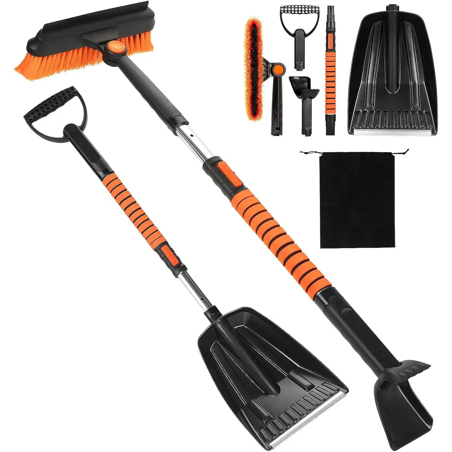 5-in-1 41-in Car Snow Brush & Shovel Kit - Double-Sided Ice Scraper, Extendable Handle, 270-Degree Rotating Foam D-Handle, Rubber Squeegee, Storage Bag, Emergency Windshield Tool for Cars, Trucks
