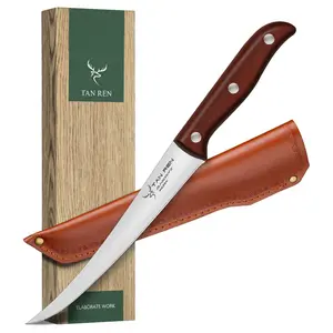 TAN REN Boning Knife 7 Inch, Stainless Steel Boning Knife for Meat Cutting, Brisket Knife with Sheath, Flexible Blade Curved Boning Knife, Fish Fillet Knife,Father's Day Gift