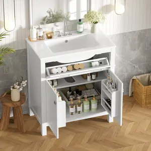 ARCH 30-inch Bathroom Vanity with Ceramic Sink, Modern White Single Bathroom Cabinet with 2 Doors and a Shelf, Soft Close Doors   WL RR