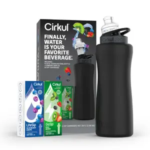 32oz Matte Black Stainless Steel Starter Kit with Matte Black Cirkul Lid 2.0 and 2 Flavor Cartridges (Blueberry Grape & Kiwi Berry)