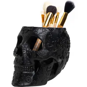 Skull Makeup Brush Holder – Extra Large Gothic Skull & Bones Organizer for Vanity, Desk, Office, Bathroom, Pen Holder, Candy Bowl & Goth Decor