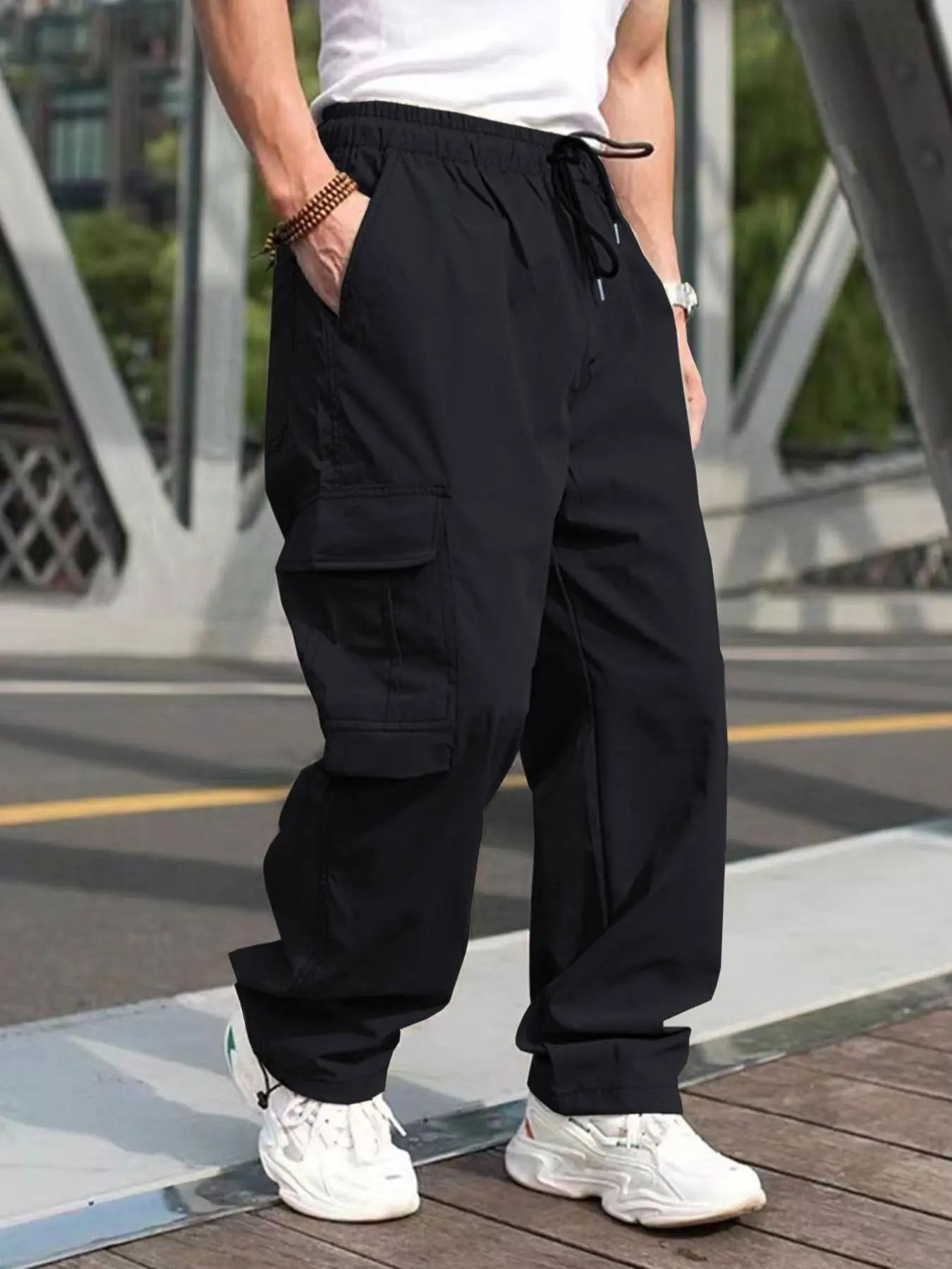 Men's Solid Color Flap Pocket Casual Slant Pocket Drawstring Waist Cargo Pants, Casual Comfy Trouser, Regular Fit Casual Street Straight Leg Trousers for Daily Wear, Men's Bottoms for All Seasons, Casual Fitted Pockets