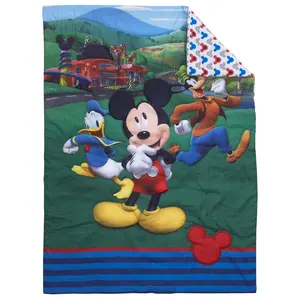 Disney Mickey's Big Adventure Blue, Red, Yellow and Green 4 Piece Toddler Bed Set - Comforter, Fitted Bottom Sheet, Flat Top Sheet, Reversible Pillowcase