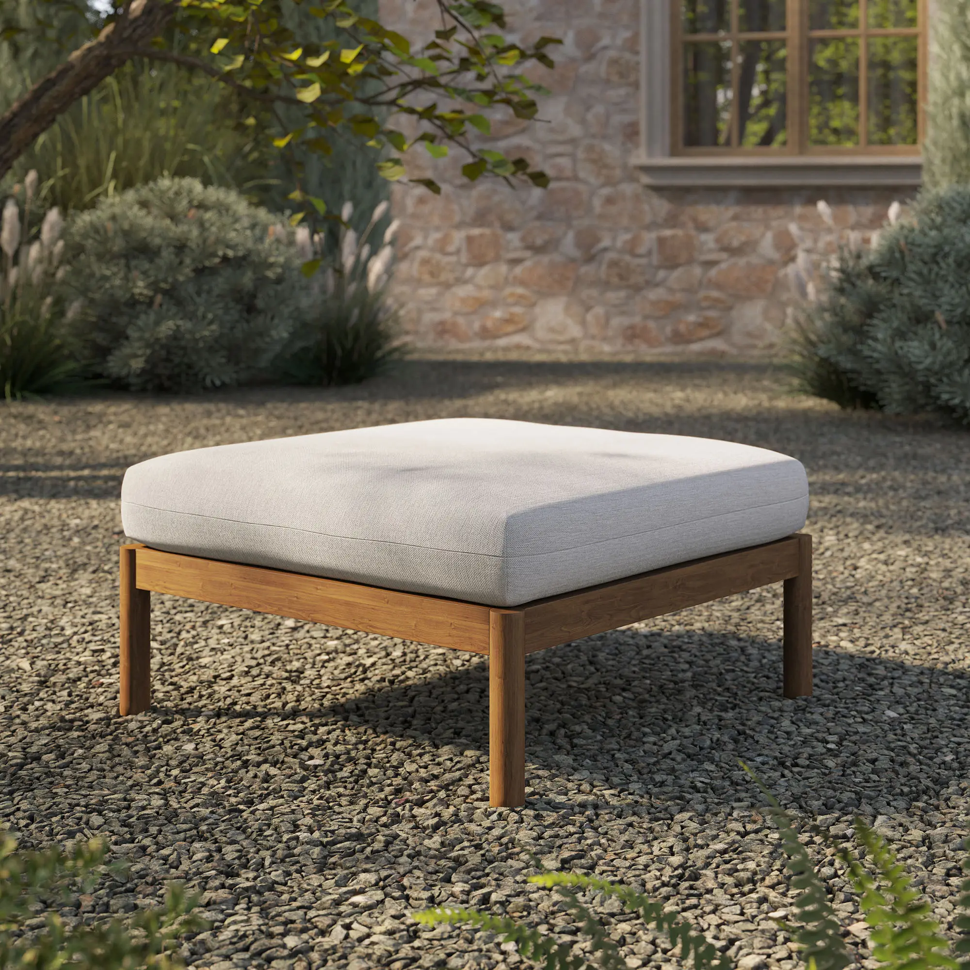 Eleni Square Outdoor Teak Wood Ottoman in Natural Sail