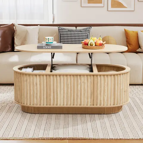 Giratree 43.3" Oval Elevated Coffee Table - Height-Adjustable Lift-Top Living Room Table with Vertical Flutes, Hidden Storage, Clean Aesthetic for Medium to Small Spaces