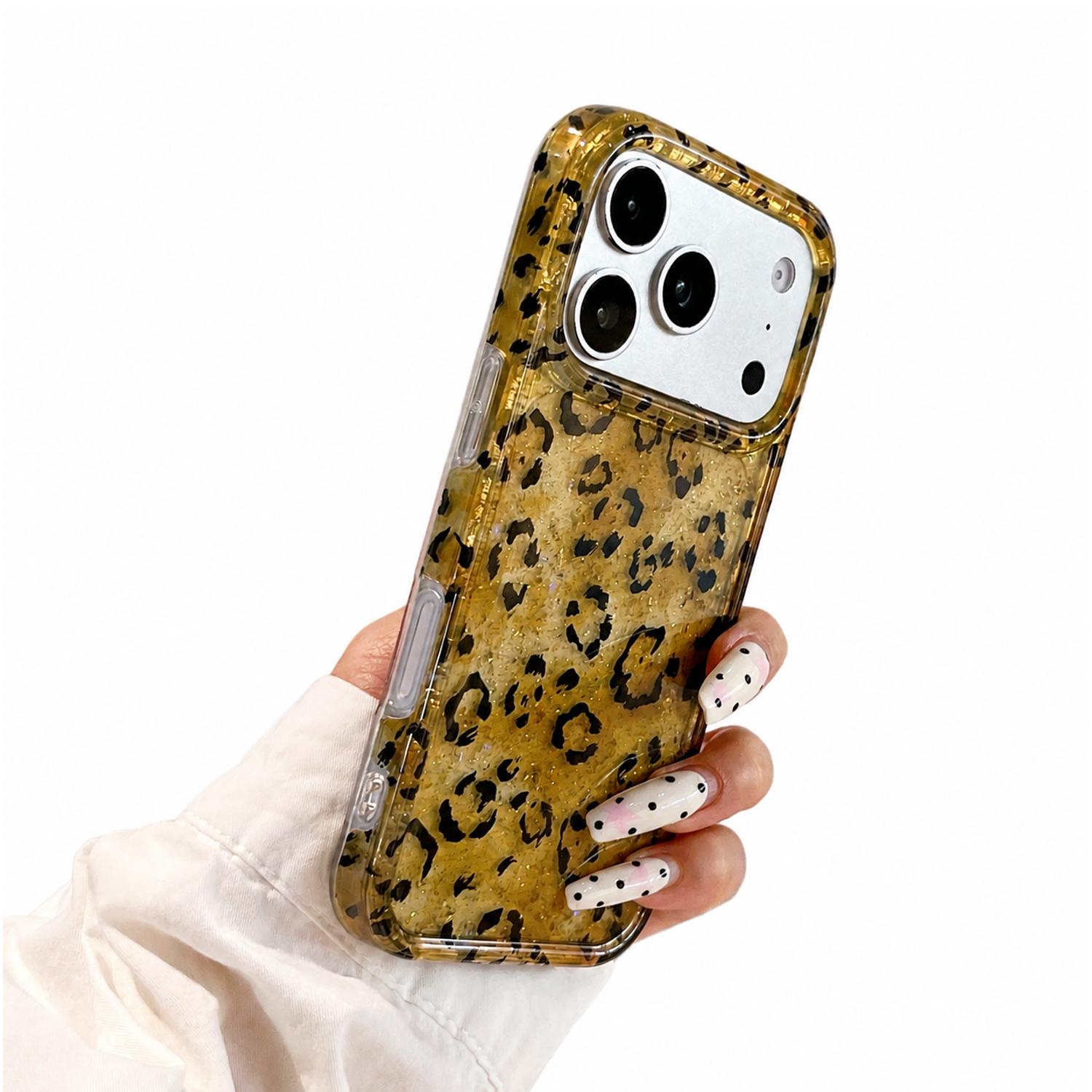 For iPhone 17 16 15 Pro Max Leopard Print Shockproof Cute Luxury Bling Sparkle Translucent Clear Vintage Cheetah Print Silicone Phone Case for Girls Women
