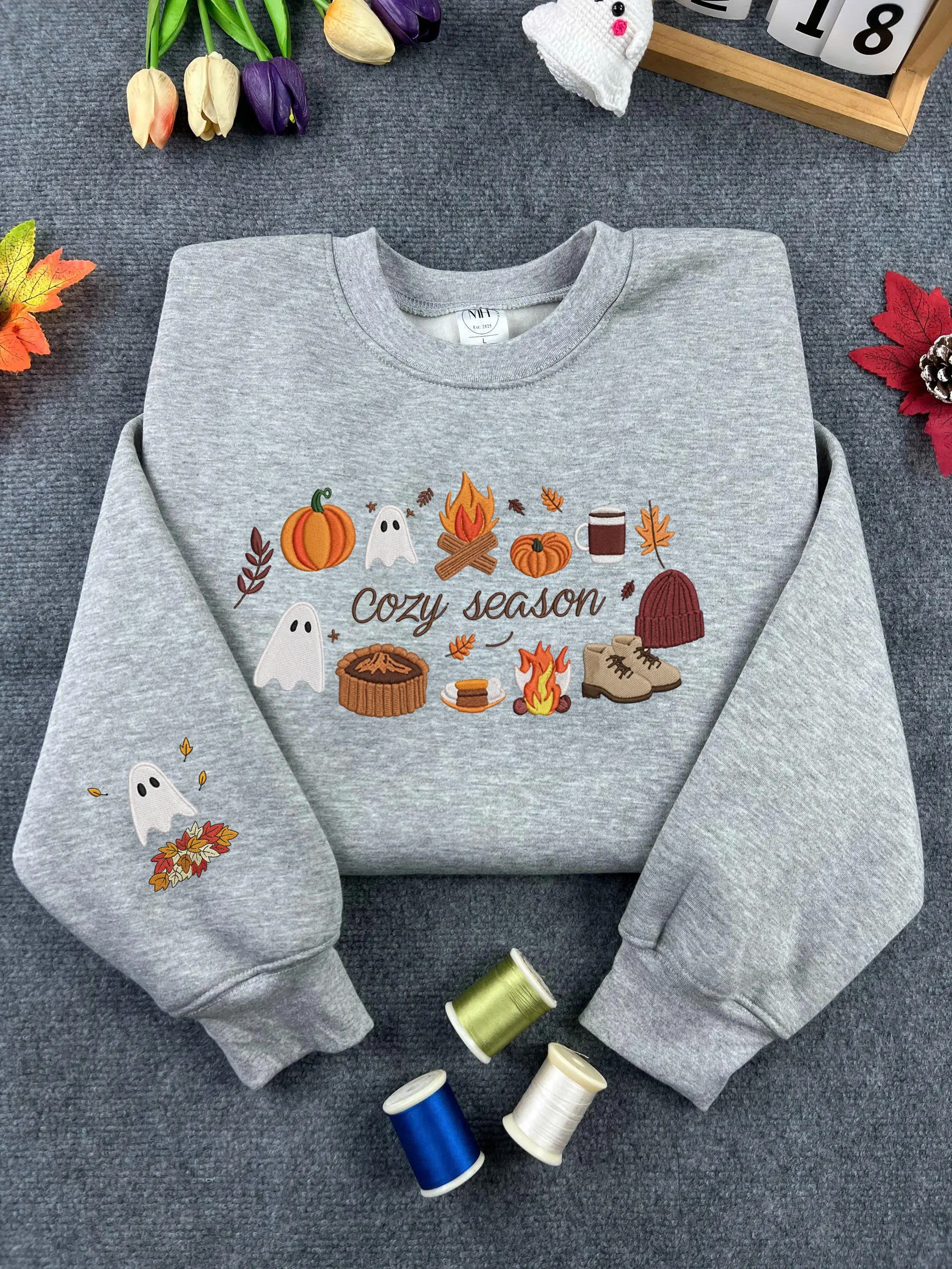 Embroidered Fall Pumpkins Sweatshirt: Autumn Harvest Crewneck