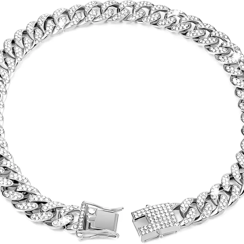 Dog Cuban Link Chain Collar - 1 Piece Zinc Alloy, Zirconia Diamond, Wear Resistant, Cool, Lightweight with Secure Buckle, 1-2" Fit Guide, Pet Neck Accessory for Small-Large Dogs (Great for Birthday)