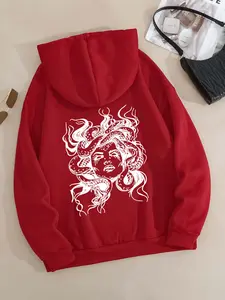 Plus Size Medusa Print Drawstring Pocket Hoodie, Casual Drop Shoulder Long Sleeve Hooded Sweatshirt, Women's Fall & Winter Clothes for Daily Wear