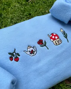 Whimsical Cottagecore Embroidered Crewneck Sweatshirt Sweater Mushroom strawberry flower tea