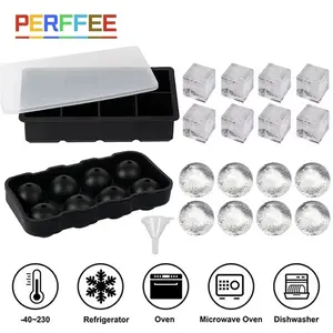 PERFFEE 4/6/8 Grid Ice Cube Silicone Molds with Lid for Whiskey Lovers Square Tray Maker Ice Ball Maker Durable Flexible Ice Mould
