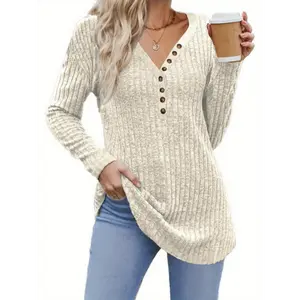 Women'S Solid Color Long Sleeve Sweater Henley Top, V-Neck Longline Sweater, 2024 Fall and Winter Trendy Fashion Sexy Sweater