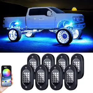 RGB Rock Lights for Trucks 8 pods Wide Angle Wheel Well Light Neon Light Kits for UTV with Music Mode,  IP68 Wateroroof Multicolor App Control Truck Rock Light Kits for UTV ATV Golf Cart Four Wheeler RZR Truck Underglow Multicolor