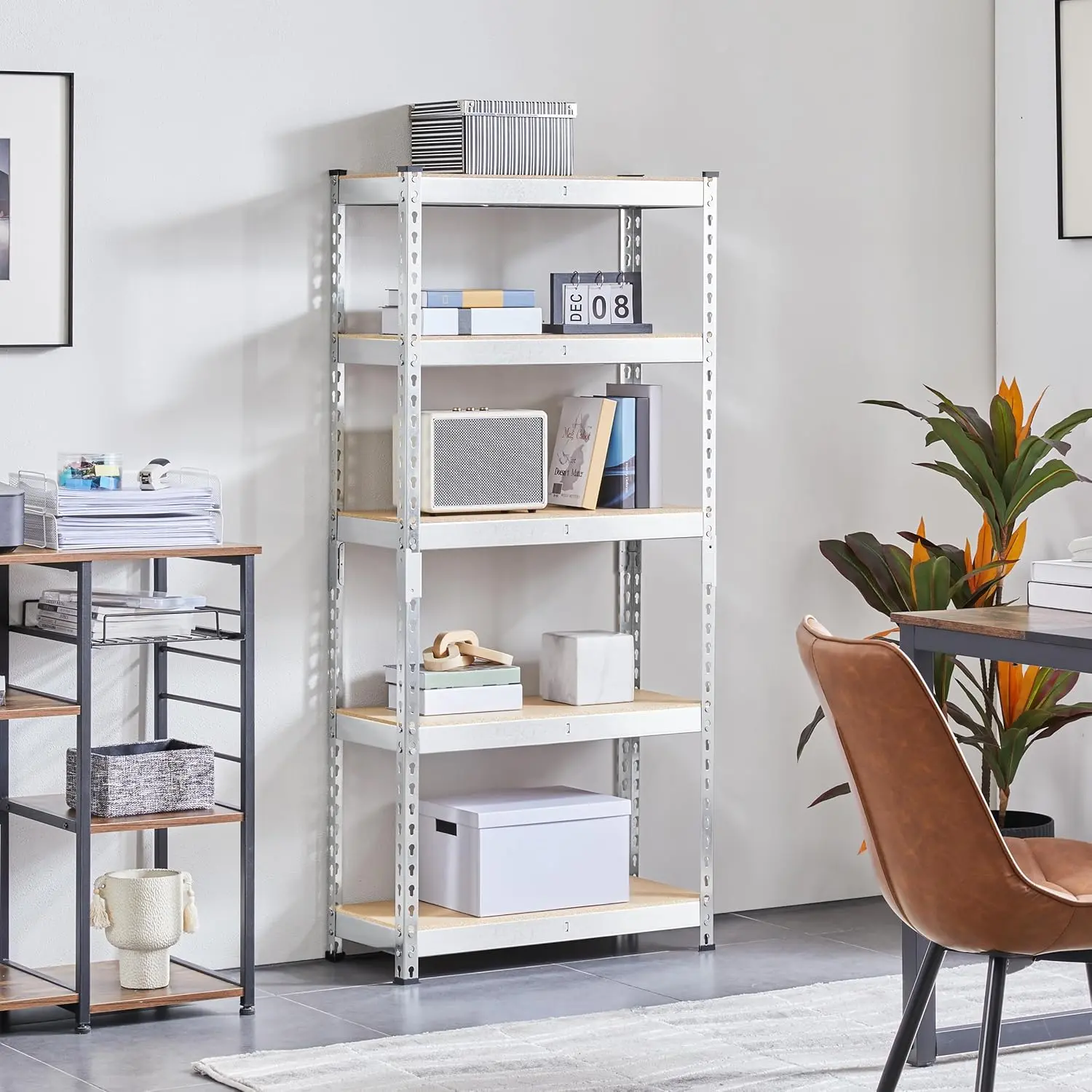 Boltless 5-Tier Galvanized Steel Storage Shelf with Rubber ft, Heavy-Duty Utility Racks, Adjustable Organizer for Garage, Kitchen, Living Room, Balcony, Easy Installation-YS59, Warehouse, Office, Strong, Workshop, Boltless Install, Basement/Warehouse, Hom