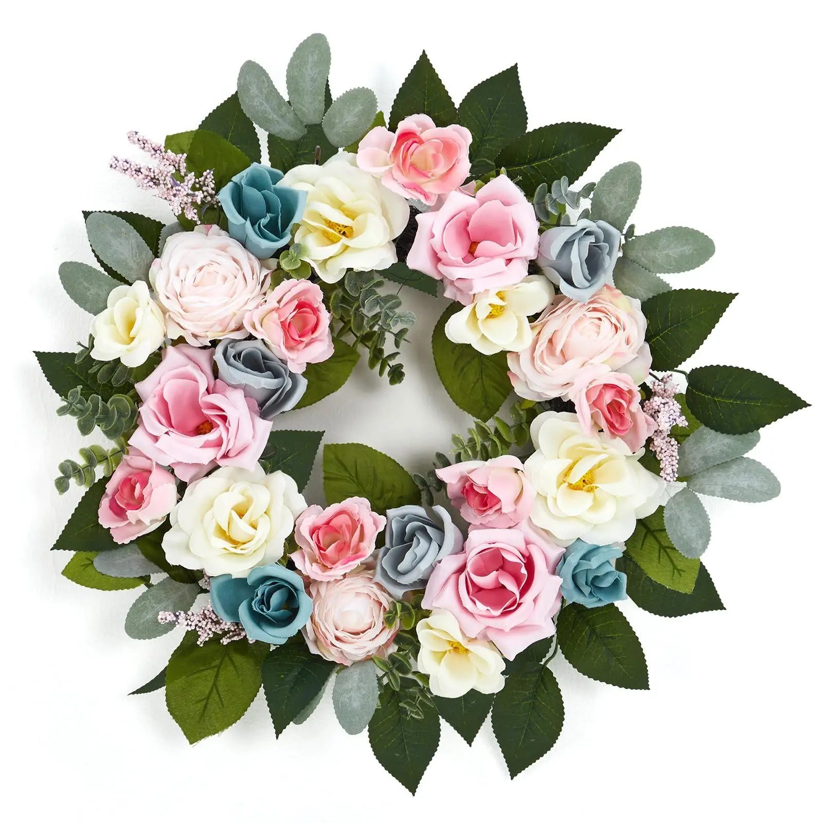 20 Inch Spring Wreaths for Front Door, Artificial Pink Rose Wreath with Colorful Florals and Eucalyptus Foliage for Home Wall Window Wedding Party Indoor Outdoor Decor