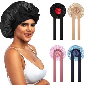 Double-Layer solid color Satin Bonnet Adjustable Hair Bonnets Night Sleeping Cap for Women Braids Curly Hair Natural Hair Wrap with Tie Band Springtok