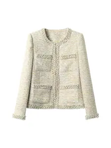 Women's Solid Color Beaded Decor Tweed Jacket, Elegant Fashion Casual Open Front Outerwear for Daily Outdoor Wear, Women Clothing for Spring Fall