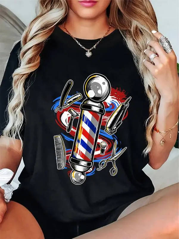 Unisex Cotton Barber Graphic T-Shirt - Prints Design, Planet-Themed, Casual Everyday Wear for Hairstylists (Menswear Tops, Complementary Bottoms Available)