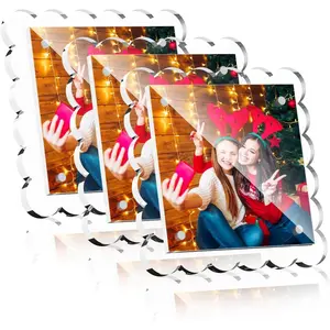 4x4 Clear Acrylic Picture Frames with Scalloped Edges, 3-Pack Square Magnetic Frame with Stand for Horizontal or Vertical Display, Tabletop or Desk Photo Holder