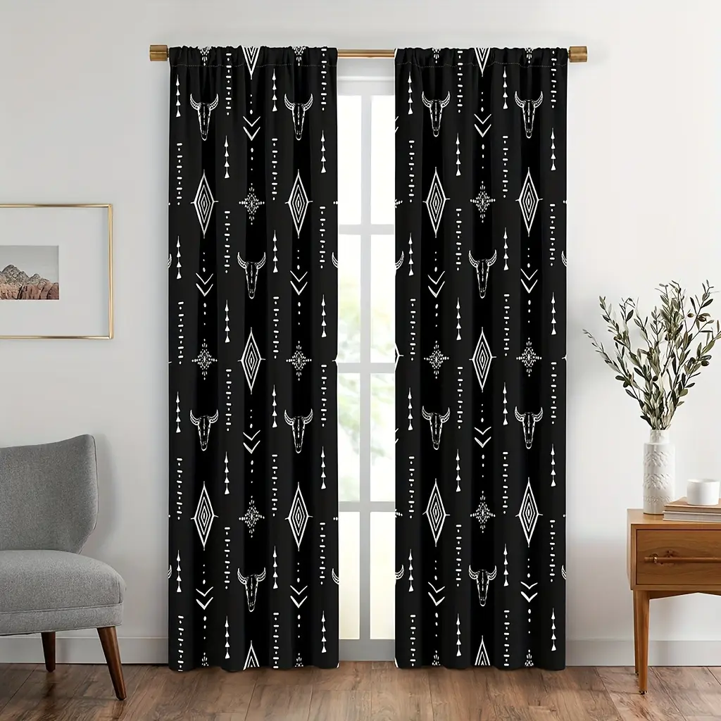 2pcs Aztec Bull Skull Print Curtains, Native Tribal Boho Aztec Pattern, Room Decor Window Curtains for Living Room