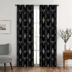 2pcs Aztec Bull Skull Print Curtains, Native Tribal Boho Aztec Pattern, Room Decor Window Curtains for Living Room