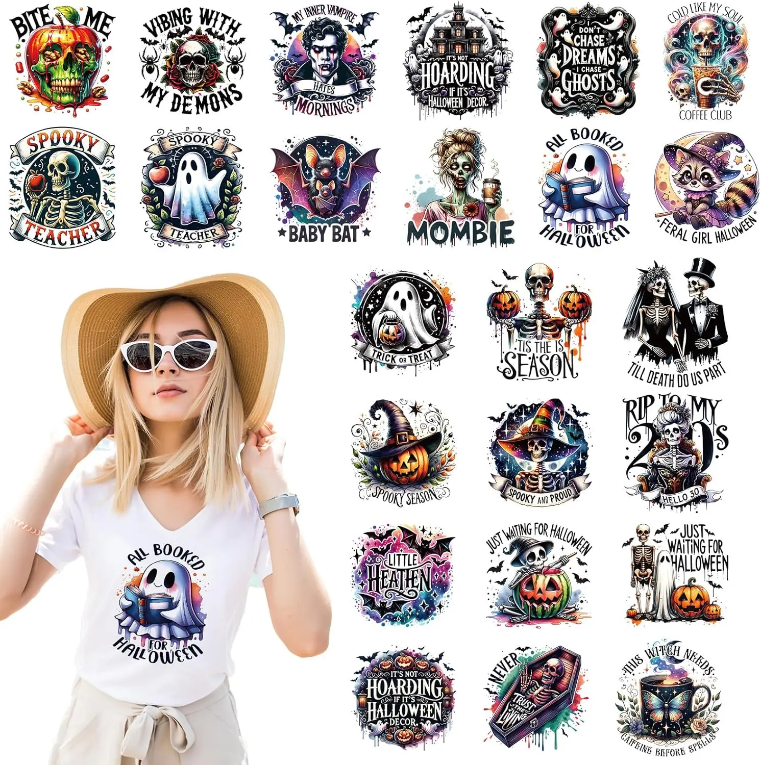 Halloween Iron on Transfers - 24 Sheets Ghost DTF Ready to Press Heat Patches Vinyl Designs  Stickers  for T Shirts Clothes Hoodies Pillow Bag Hat DIY Crafts Appliques Decoration