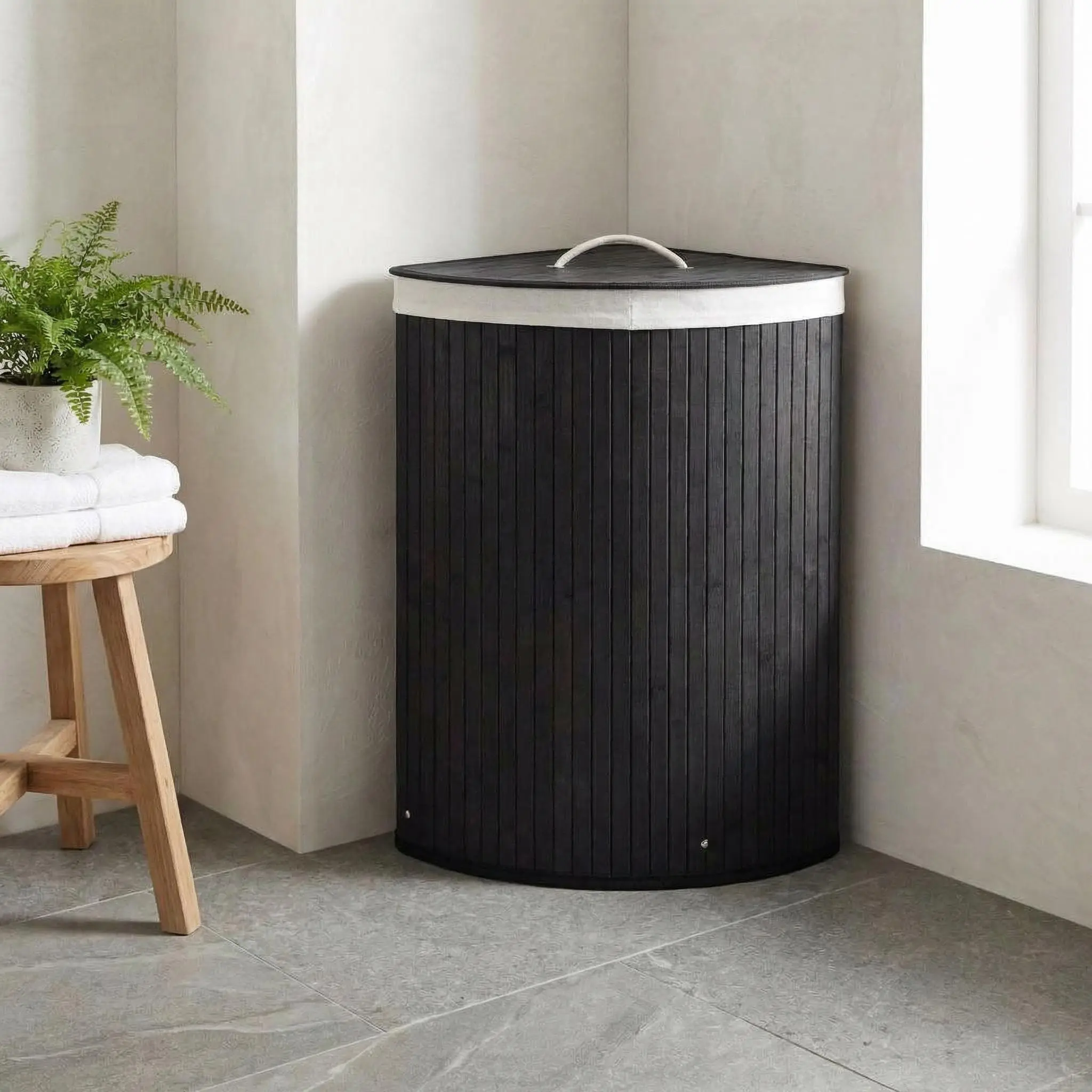 Corner Bamboo Laundry Hamper with Lid – 15.3 Gal / 58 L Large Capacity Laundry Basket, Removable Machine Washable Liner, Sturdy Handles, for Bedroom, Bathroom, Laundry Room,Black