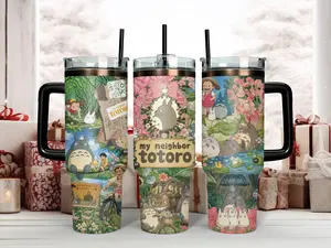 Studio Ghibli My Neighbor Totoro Cinematic Collage Tumbler - 40oz Insulated Stainless Steel Travel Mug with Handle & Straw - Featuring Totoro, Mei, Satsuki, & Catbus for Miyazaki Anime Fans