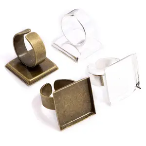 20mm 10pcs Silver Plated And Bronze Colors Plated Square Adjustable Ring Settings Blank/Base,Fit 20mm Glass Cabochons,Buttons