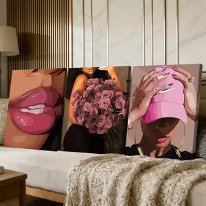 3 Counts Wooden Framed Canvas Painting, Stylish Woman Pink Lips Roses Hat Images, Exquisite Poster, Print, Perfect Living Room Decoration, Modern Art, Fashion Family Poster, Wall Art Decoration, Waterproof Art
