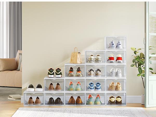 BROVIEW S6 XX-Large Shoe Sneaker Storage Boxes for Size 14, Stackable & Thicken Clear Plastic Shoe Organizers 6/8/12/15 Packs for Entryway Closet Under Bed, Shoe Storage Cabinets Container Display Case w/ Magnetic Door