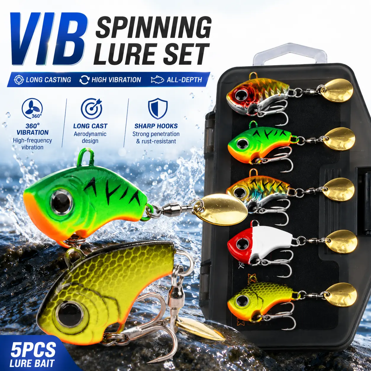 5PCS VIB Blade Bait Fishing Lures Set, 7g Metal Blade Baits with Spinning Blade, Long Cast High Vibration Lures, Sharp Treble Hooks for Bass, Walleye, Trout, Freshwater & Saltwater Fishing