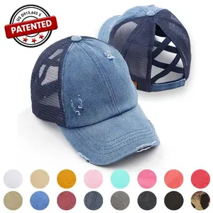 Women’s Fall Ponytail Baseball Cap – Distressed Denim, Adjustable Criss-Cross Back, Sun Protection, Back-to-School Essential