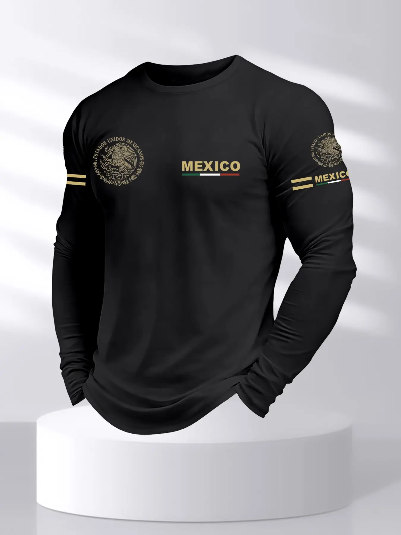 Men's Round Neck Long Sleeve Fitted T-Shirt, Mexico Coat of Arms Print, Casual Slim Fitting, Casual Fashion, Comfortable Daily Wear, All Seasons