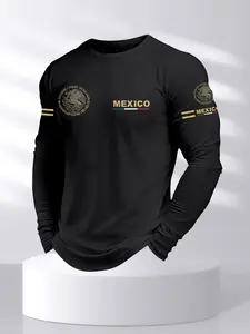 Men's Round Neck Long Sleeve Fitted T-Shirt, Mexico Coat of Arms Print, Casual Fashion, Comfortable Daily Wear, All Seasons