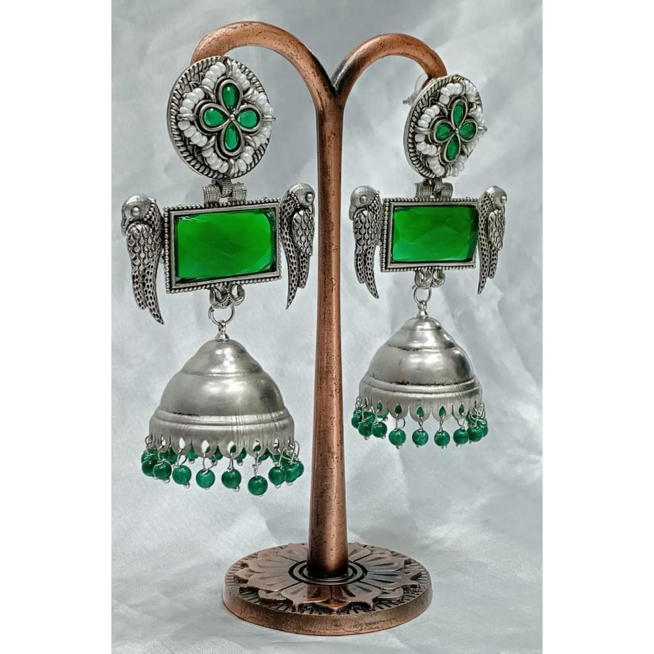 Antique Oxidized Silver Jhumka Earrings with Stone and Pearl Beads – Traditional Indian Dangle Earrings for Women