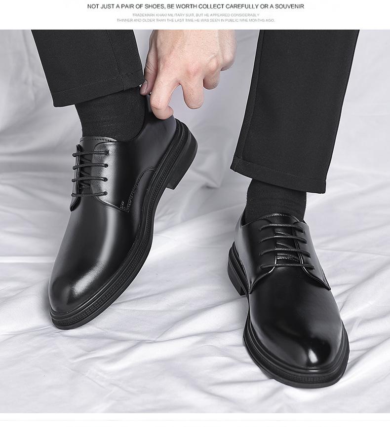 Men’s leather dress shoes for autumn, British style, low-cut black design suitable for commuting and business attire, pairs well with suits.