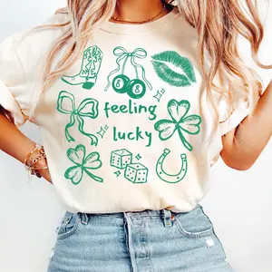 Feeling Lucky St. Patrick's Day T-Shirt, Distressed Shamrock Shirt, Coquette St. Patty's Sublimation Design