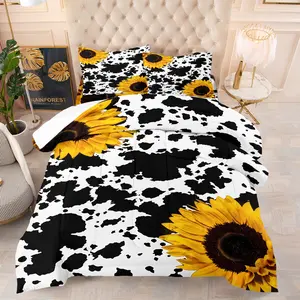 Cute Sunflower Cow Print Quilted Comforter Set, Include One Quilt Core and 1/2 Pillowcases, Aesthetic Western Sunflower Room Warm Bedding Decor, All Seasons Use, Soft Skin-friendly